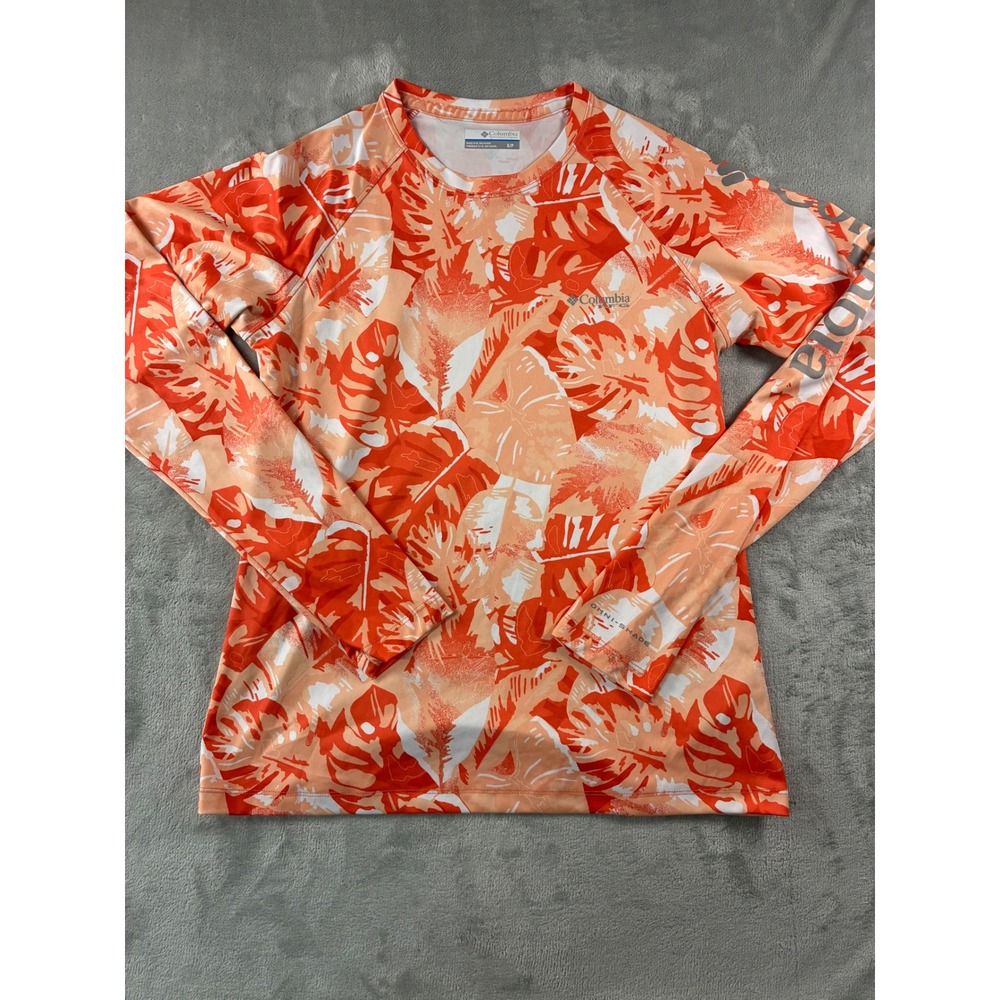Columbia PFG Women Orange Tropical Leaf Print Omni-Shade Long Sleeve Shirt S